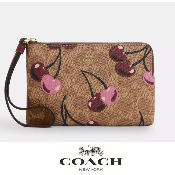 🍒 Coach Corner Zip Wristlet In Signature Canvas With Cherry Print - Picture 1 of 12
